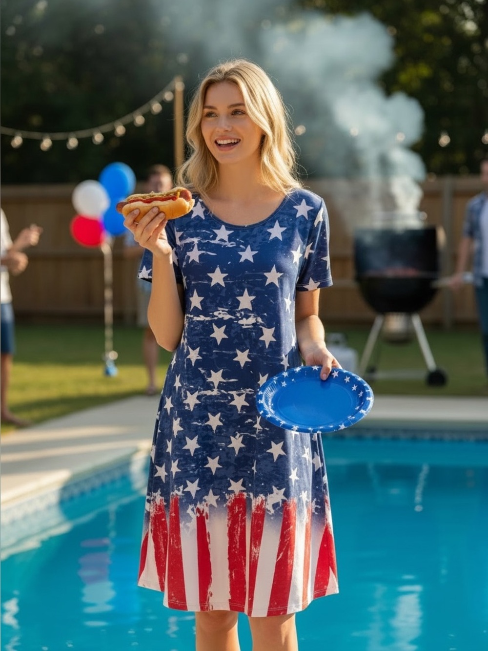 Accent Patriotic Stars & Stripes Dress – Red White Blue Flag Print - Size Small